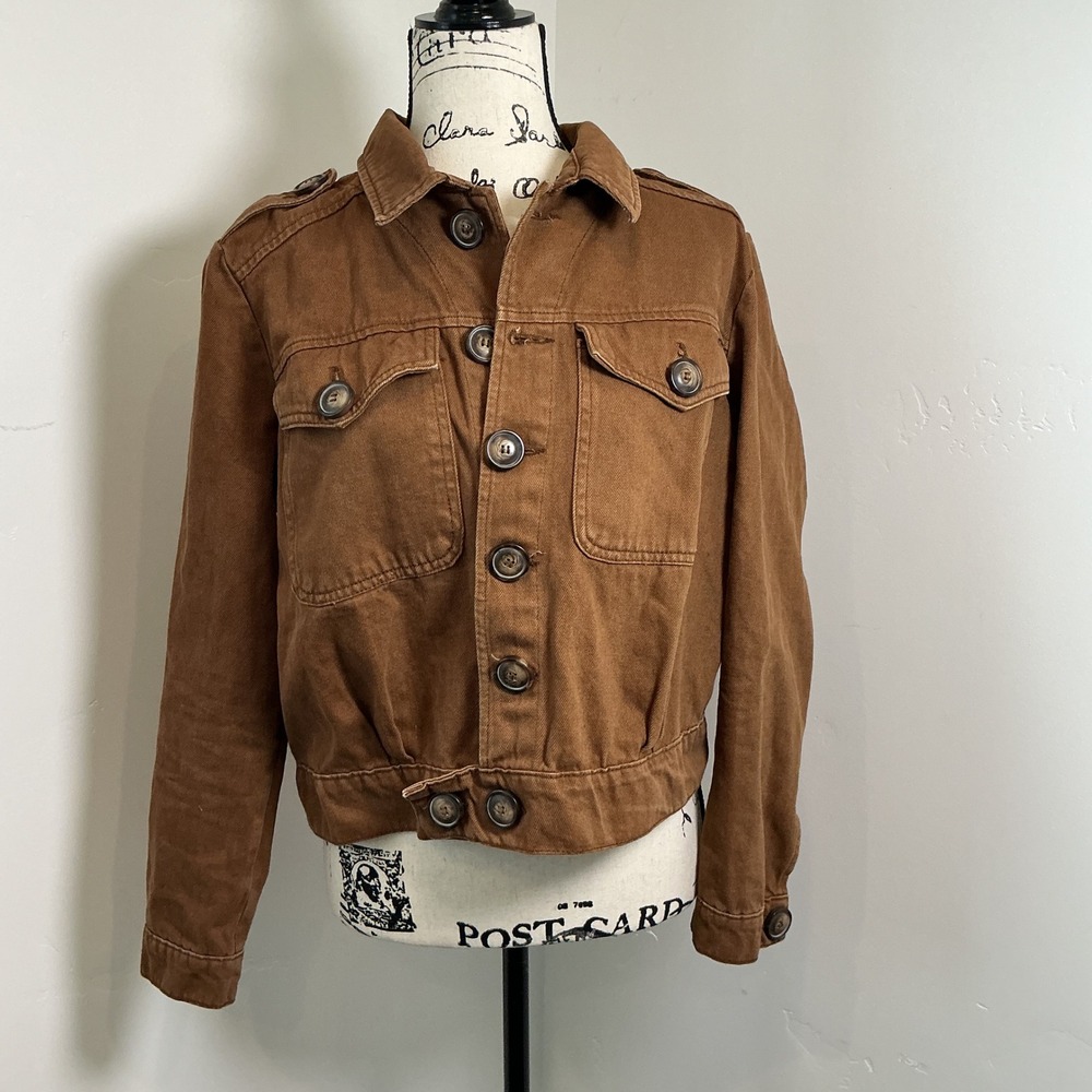 Free People Brown Utility Cropped Military Jacket Button Front Small Boho Field